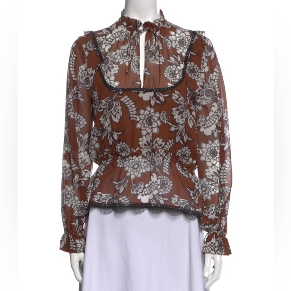 Nicholas Silk Floral Ruffle Long Sleeve Blouse Top Brown Sz 4 - Picture 1 of 13
